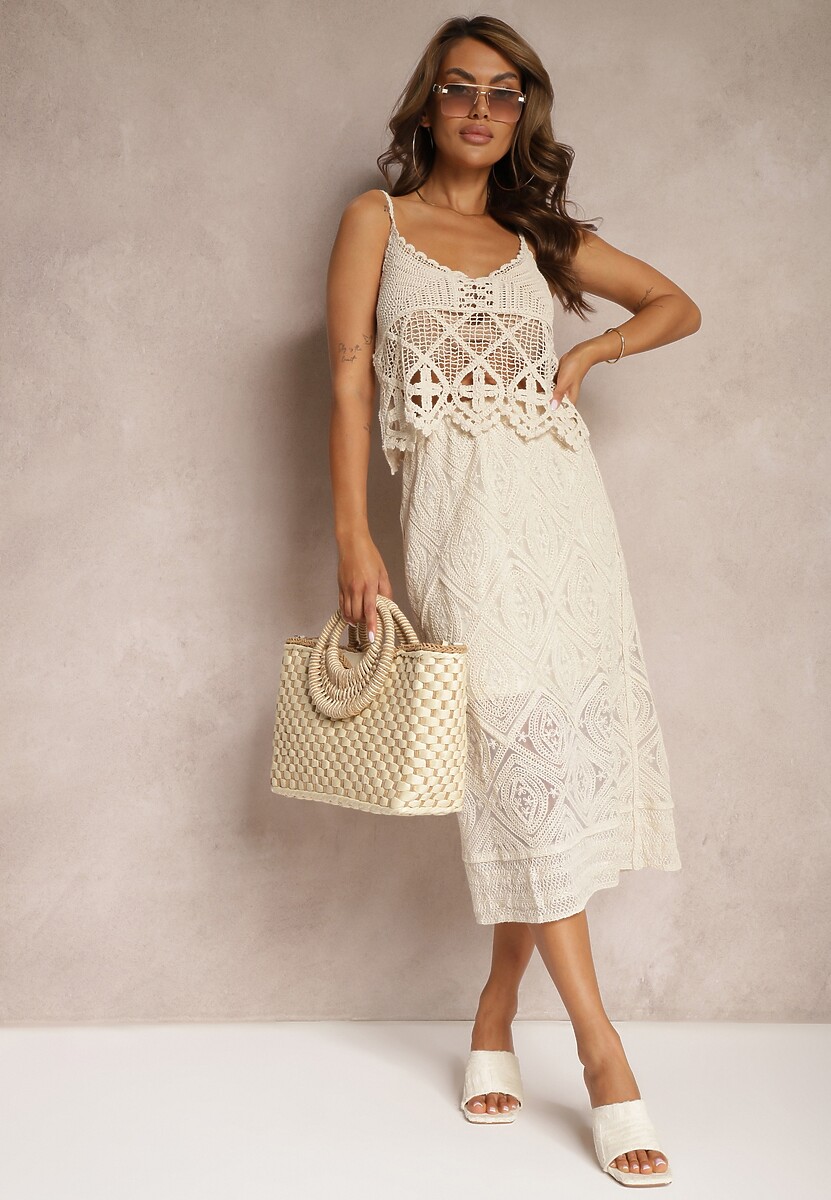 Biała Ażurowa Spódnica z Gumką w Talii o Trapezowym Kroju Tiamaz