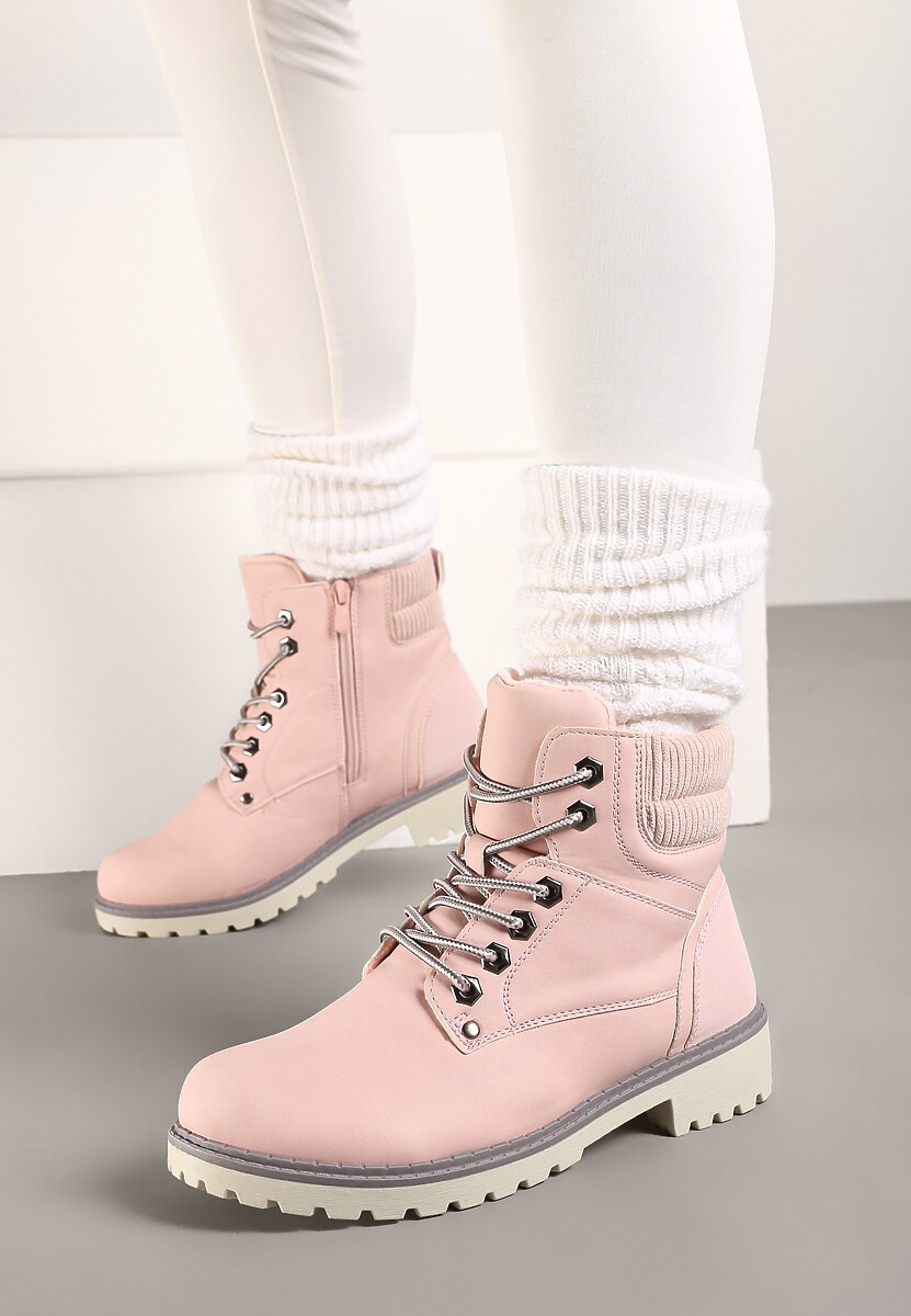 Różowe Sznurowane Casualowe Traperki na Płaskiej Podeszwie Relobia
