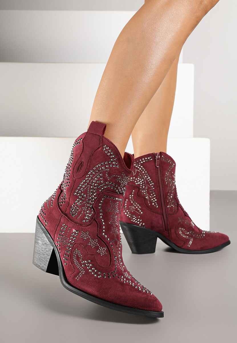 Czarne Kowbojki Botki Ozdobione Cyrkoniami na Stożkowym Słupku Tulmira