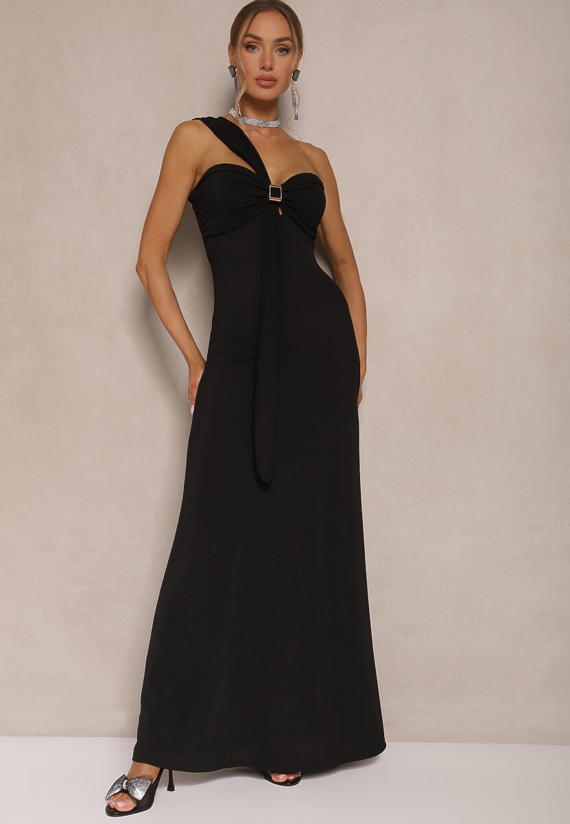 Czarna Asymetryczna Sukienka Koktajlowa Ozdobiona Metaliczną Aplikacją Divianis