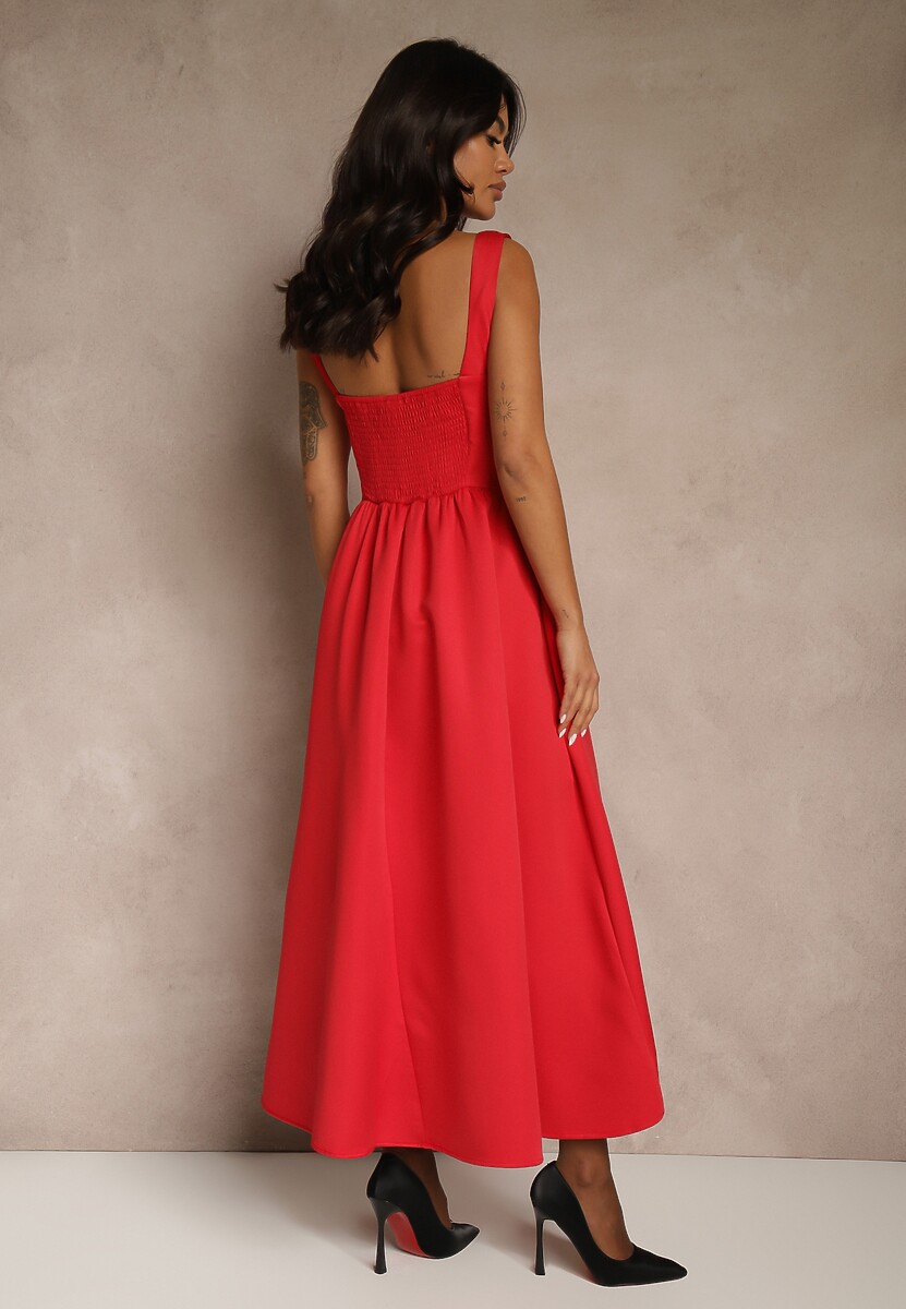 Czerwona Sukienka o Rozkloszowanym Kroju na Szerokich Ramiączkach Retelina