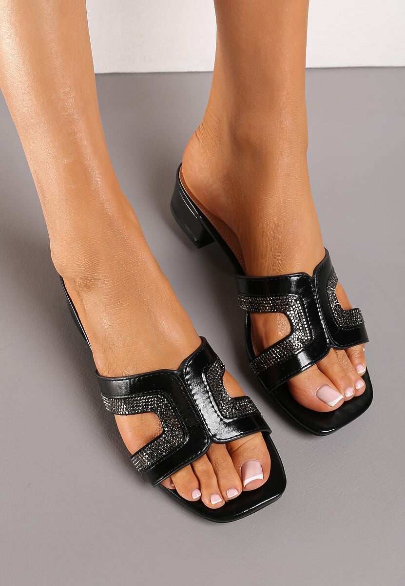 Czarne Klapki z Ekoskóry na Słupku z Cyrkoniami z Przodu Leavira