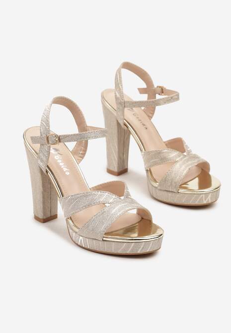 Złote Sandały na Słupku i Platformie z Brokatem Toliranna