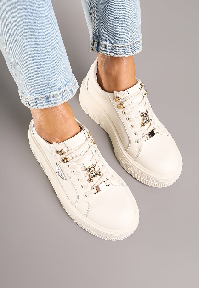 Beżowe Skórzane Sneakersy na Platformie Ozdobione Aplikacją Doliresa