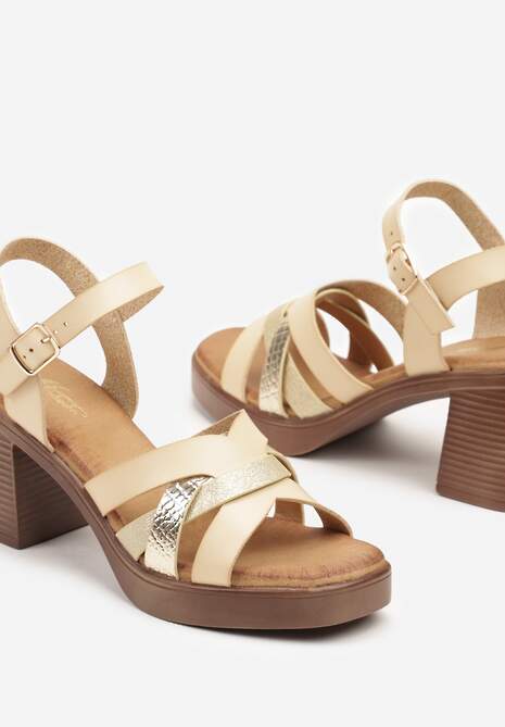 Beżowe Sandały na Platformie i Słupku z Ozdobnymi Paskami Deoniriel
