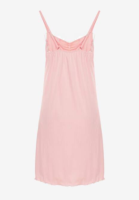 Różowa Koszula Nocna na Ramiączkach Zdobiona Marszczeniem Milonelia