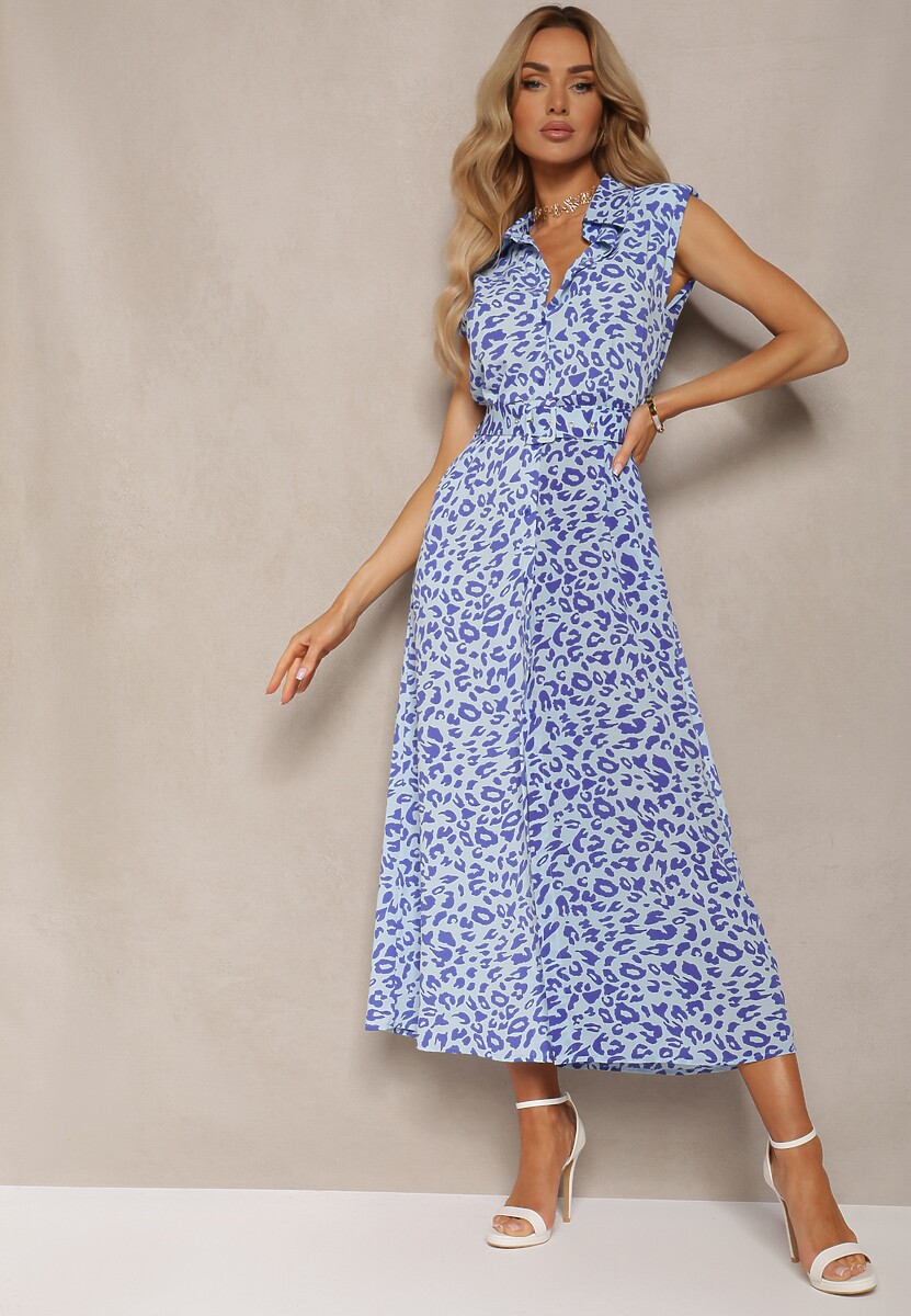 Niebieska Sukienka Koszulowa z Materiałowym Paskiem i Guzikami w Zwierzęcy Wzór Wospia