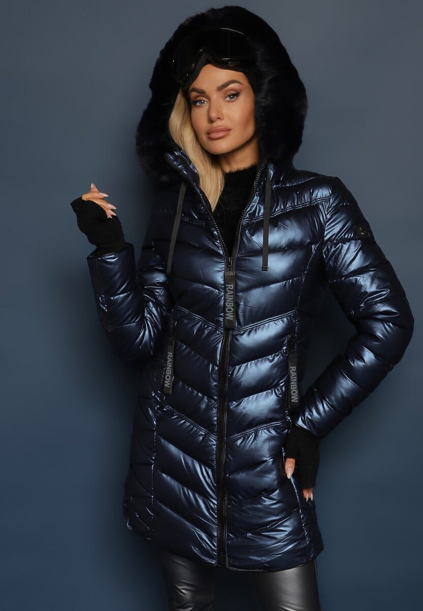 Granatowa Ocieplona Kurtka Pikowana z Kapturem i Futrzanym Kołnierzem Varella