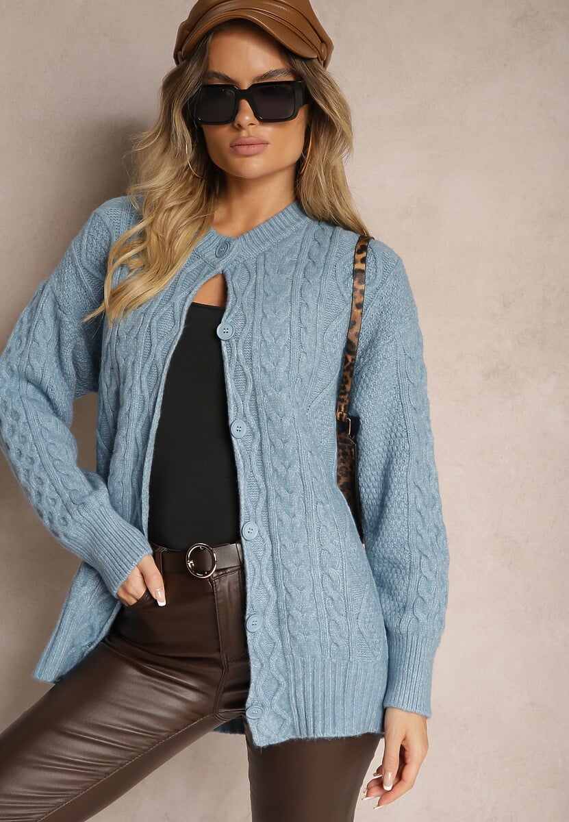 Jasnobeżowy Kardigan na Guziki z Ozdobnym Splotem Alorinda