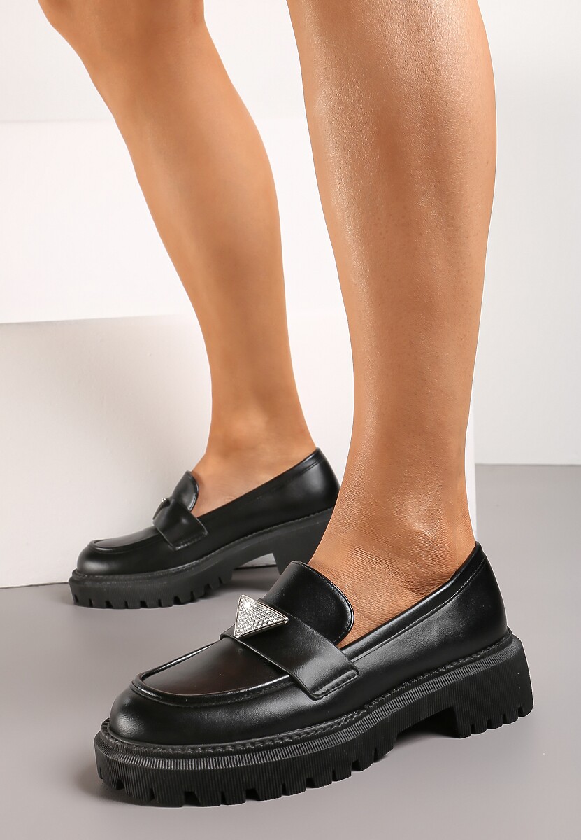 Czarne Mokasyny z Ekoskóry na Grubej Podeszwie z Klamrą z Cyrkoniami Azzelia