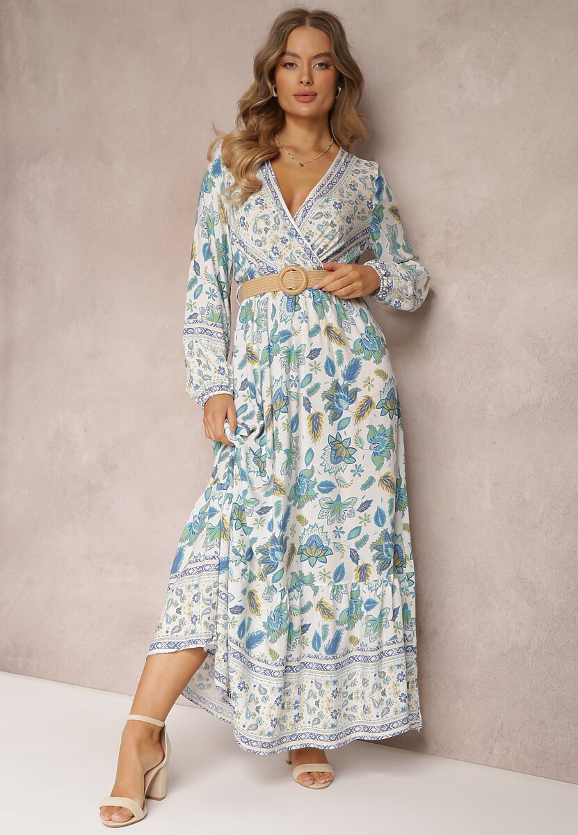 Niebiesko-Biała Sukienka Rozkloszowana z Paskiem Verintius