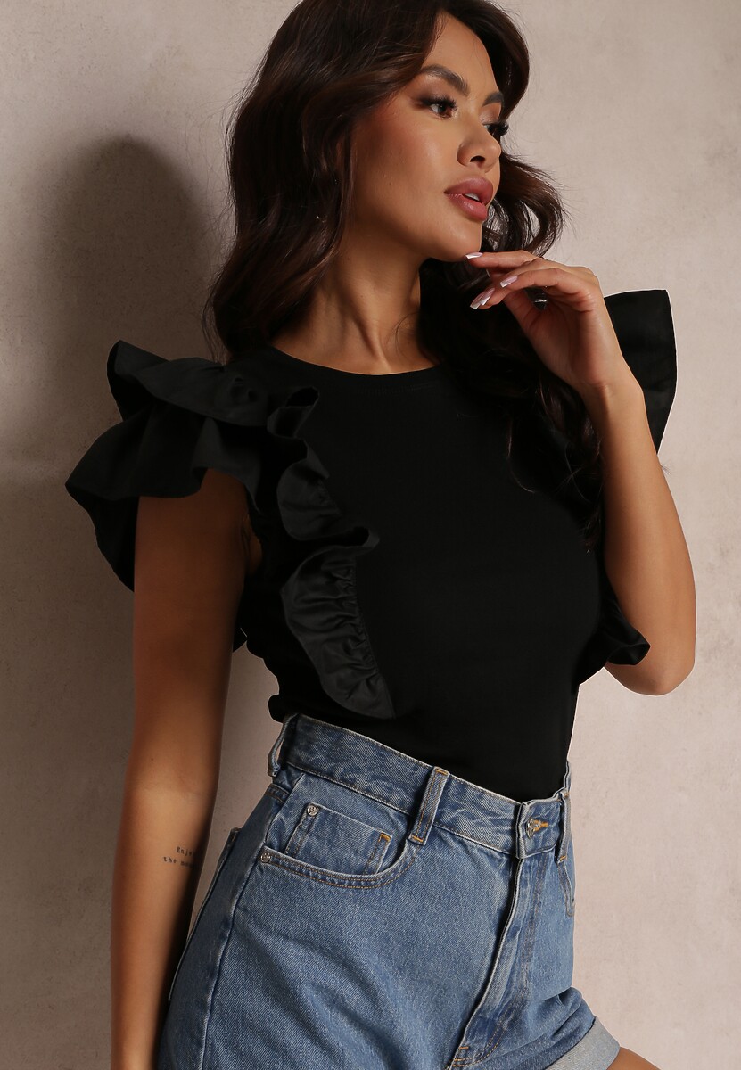 Czarna Bluzka z Falbankami Wokół Ramion i Okrągłym Dekoltem Palnn