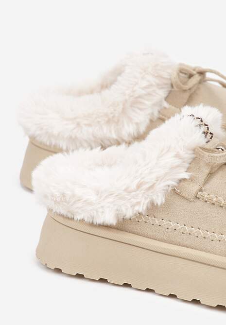 Beżowe Rustykalne Śniegowce z Niską Cholewką Zdobione Futrem i Kokardą Tuspena