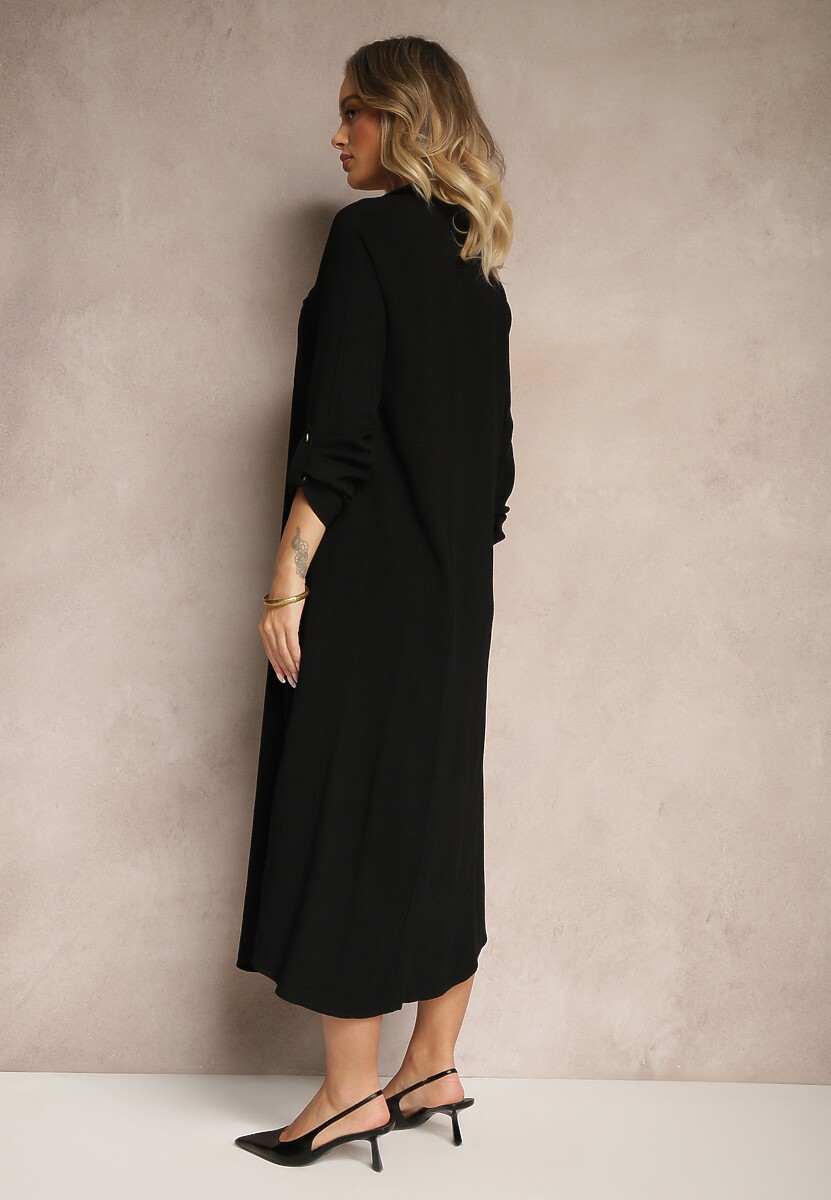 Czarna Sukienka Koszulowa z Wiskozą Lnem i Regulacją przy Rękawach Florvezia