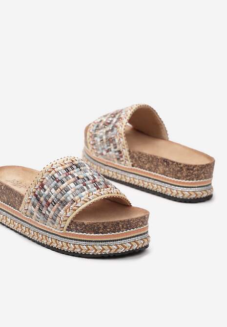 Beżowe Klapki na Platformie z Korka i Plecionki Pamarie