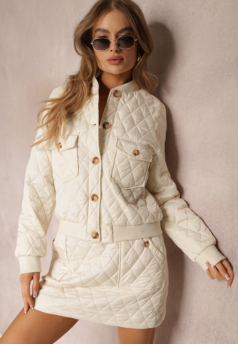 Czarny 2-częściowy Komplet z Pikowaną Kurtką i Spódnicą z Gumką w Pasie Zanai