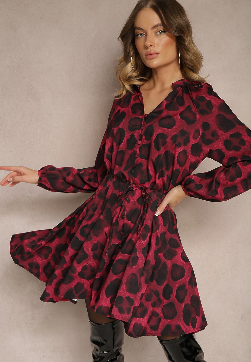 Czarno-Czerwona Sukienka w Kwiatowy Print o Rozkloszowanym Kroju z Wiązaniem w Talii Ameriana