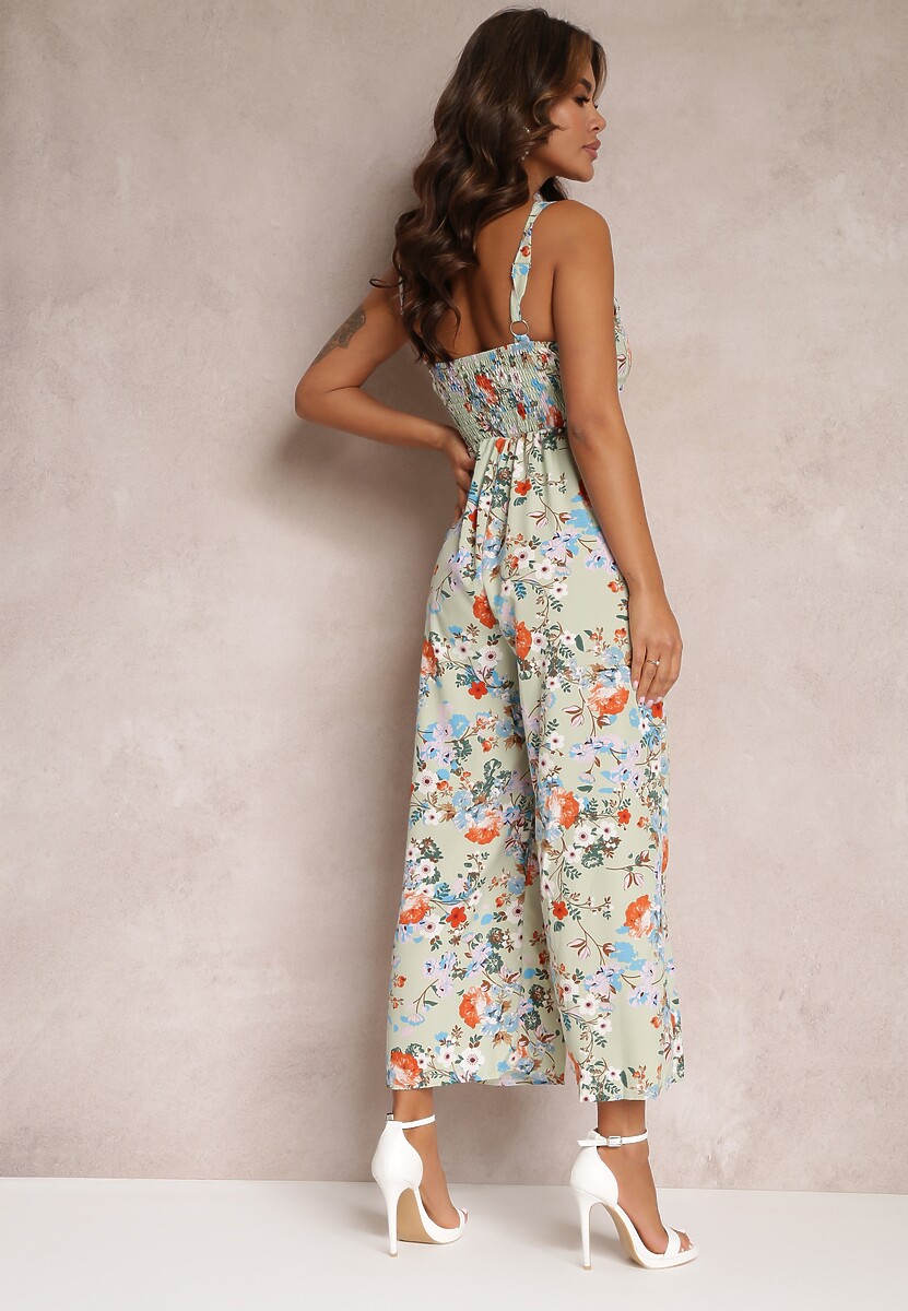 Jasnozielony Kombinezon z Szerokimi Nogawkami i Wiązaniem Przy Dekolcie Gloryhallo