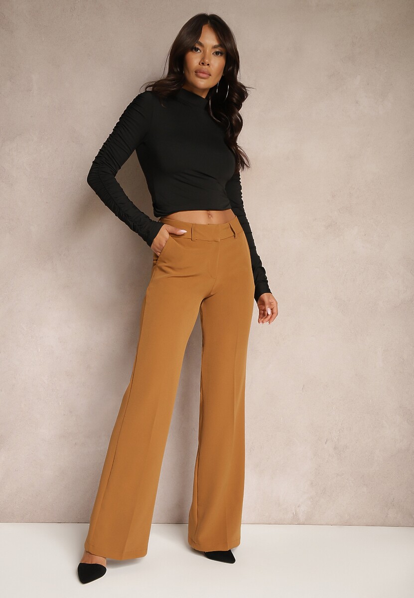 Beżowe Eleganckie Spodnie Garniturowe o Szerokim Kroju z Kieszeniami Zinolana