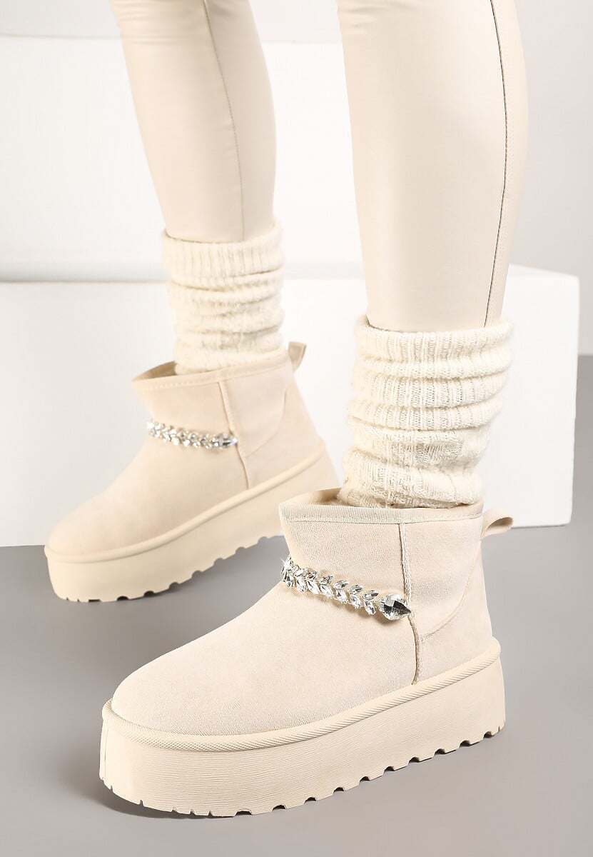 Beżowe Śniegowce na Grubej Podeszwie z Ekozamszu Ozdobione Cyrkoniowym Łańcuszkiem Ninnalith