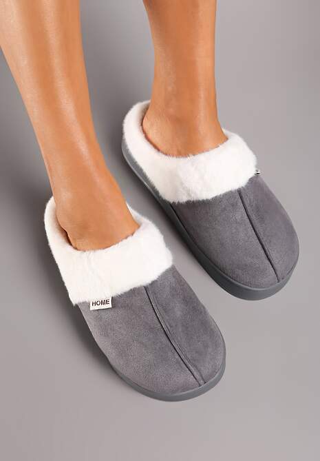 Szare Kapcie na Płaskiej Podeszwie z Futerkiem Lerivena