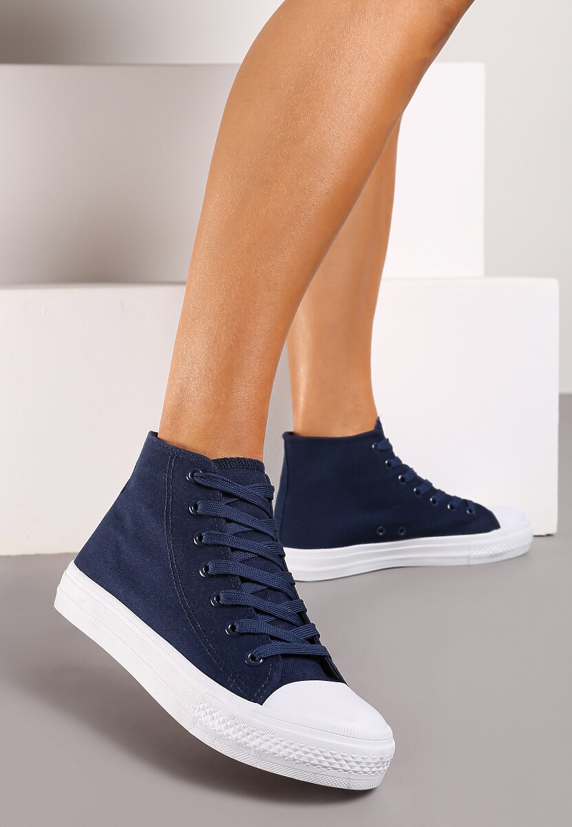 Granatowe Trampki z Wysoką Cholewką i Sznurowaniami Relagia