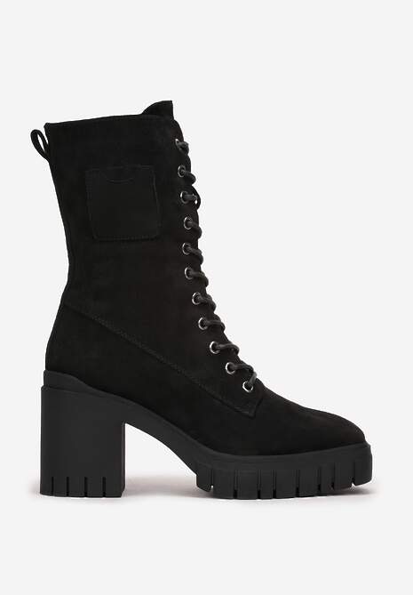 Czarne Botki na Słupku i Platformie ze Sznurowaniem Ameni