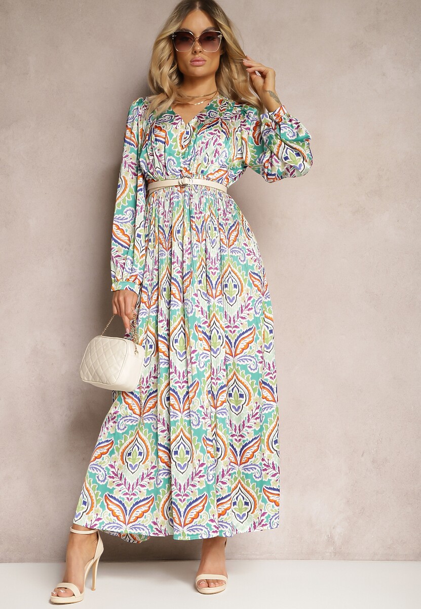 Zielona Rozkloszowana Sukienka z Wycięciem i Plisowanym Dołem Zapinana na Guziki Amymarie