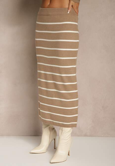 Beżowy Komplet z Wiskozą Spódnica i Bluzka z Guzikami Ozdobione Paskami Forrive