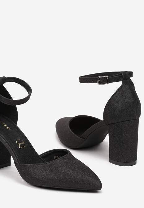 Czarne Brokatowe Czółenka Vices na Słupku ze Skórzaną Wkładką Rianora