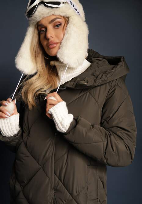 Ciemnozielona Pikowana Kurtka Płaszcz za Kolano z Kapturem Kinassan