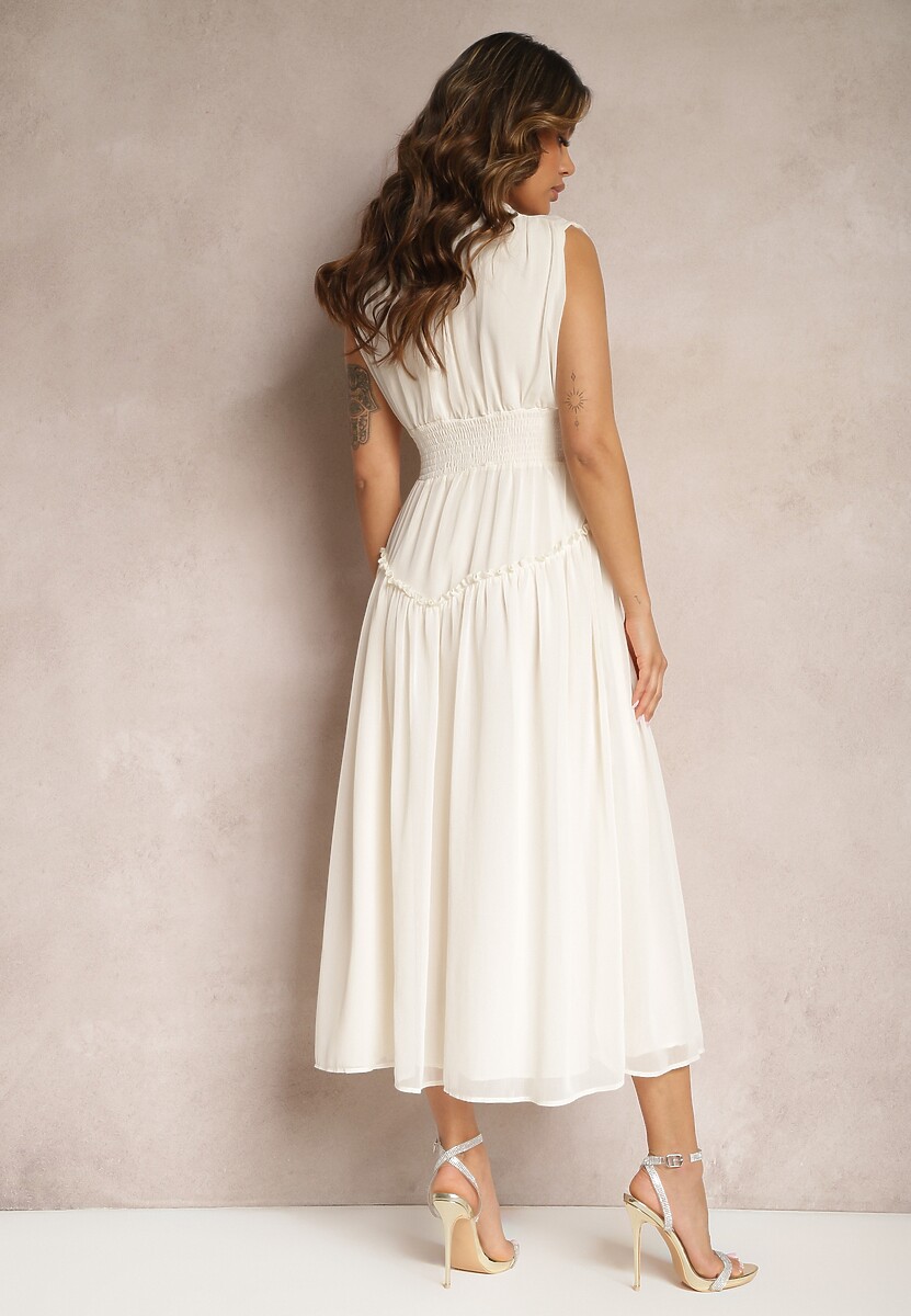 Jasnobeżowa Rozkloszowana Sukienka Długa z Guzikami o Taliowanym Fasonie Jovitta