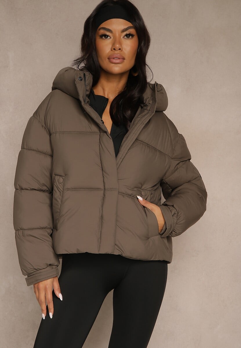 Ciemnozielona Kurtka Puffer z Pikowaniem Kapturem i Kieszonką przy Rękawie Galeida