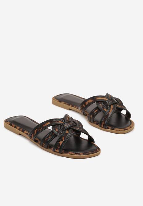 Czarne Panterkowe Klapki Ozdobione Paskami Telonilia