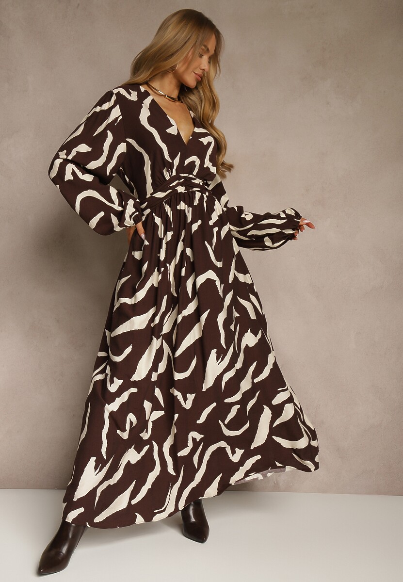 Brązowa Sukienka z Wiskozą o Rozkloszowanym Kroju Netiva