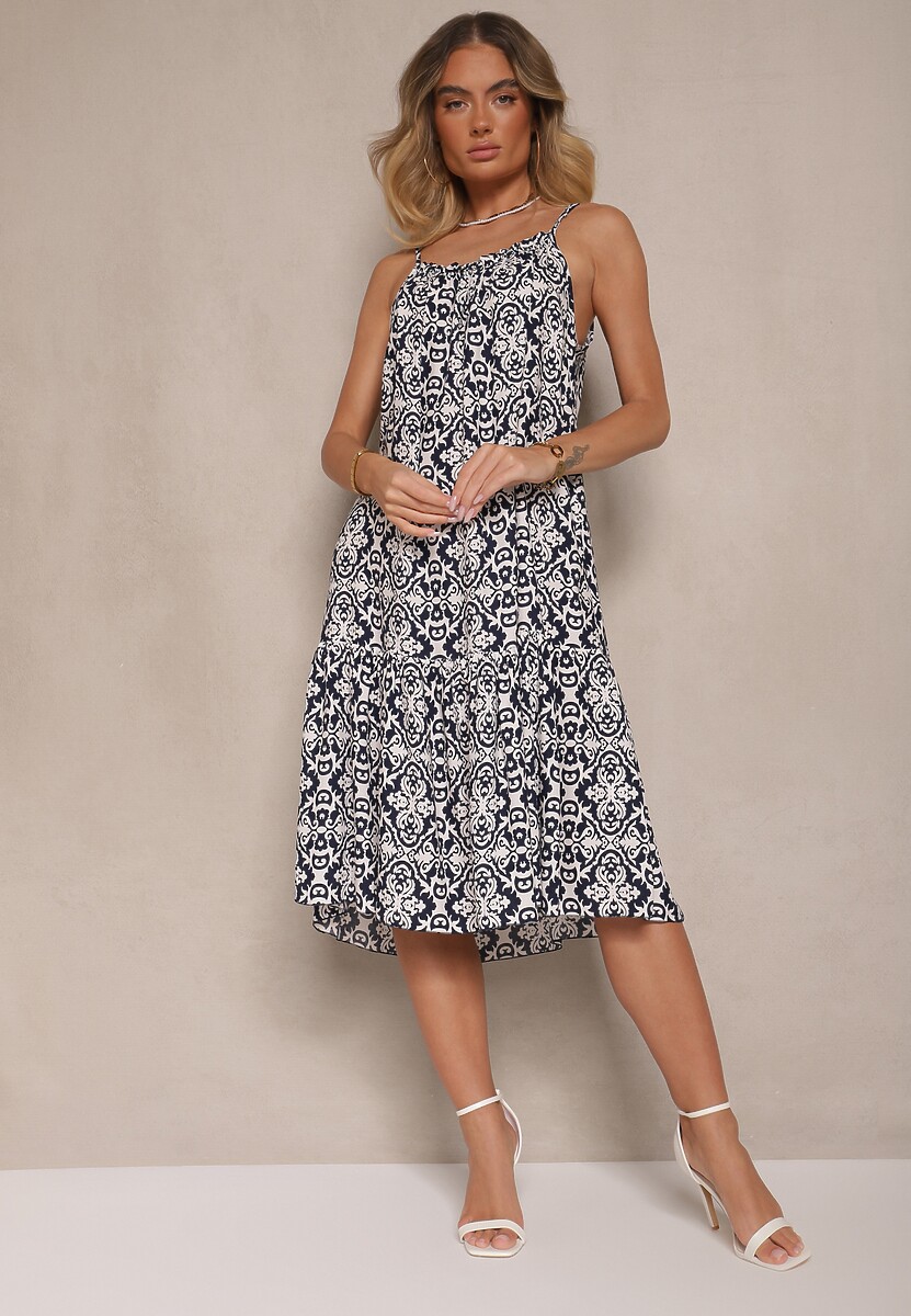 Granatowa Bawełniana Sukienka o Rozkloszowanym Kroju na Ramiączkach w Etniczny Wzór Nelpio