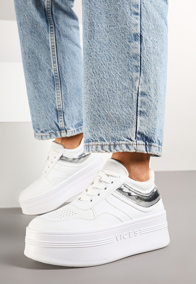 Biało-Srebrne Sneakersy Vices na Platformie z Tłoczonym Napisem ze Sznurowaniem Eanneth