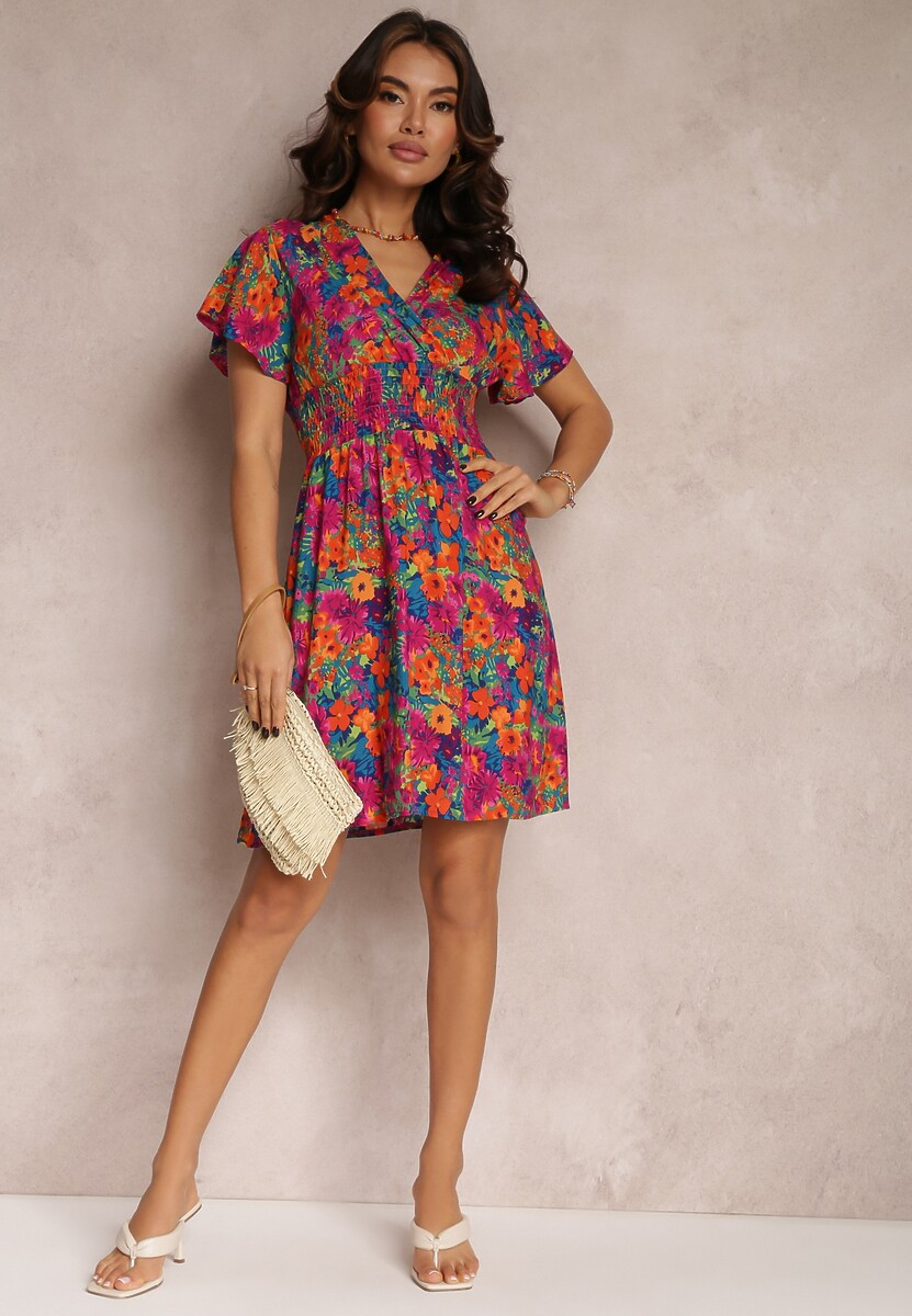 Różowo-Granatowa Krótka Sukienka w Kwiaty z Szeroką Gumką w Pasie Meles