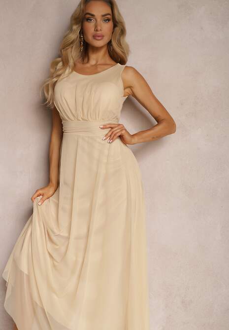 Beżowa Koktajlowa Sukienka z Tiulowym Dołem Bez Rękawów Elastar