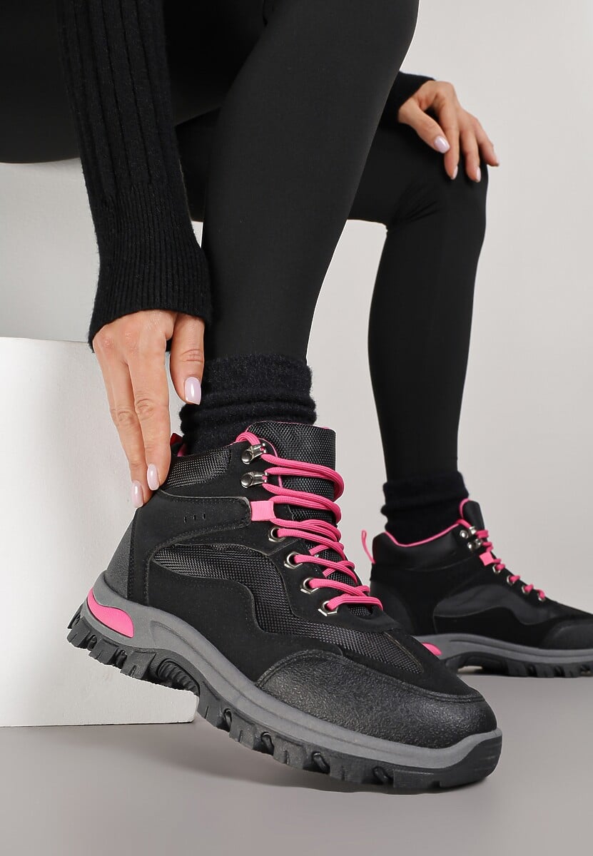 Czarno-Fuksjowe Buty Trekkingowe Trapery Vices Ozdobione Geometrycznym Motywem Anarisse