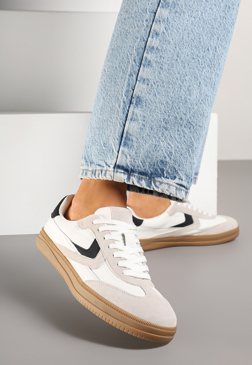 Beżowe Sneakersy Skórzane w Stylu Tenisówek z Geometrycznym Motywem Erisane