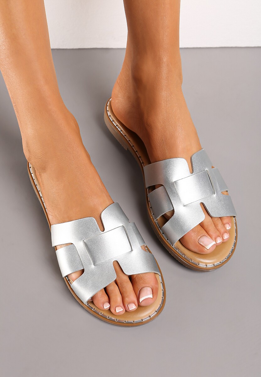 Pomarańczowe Klapki z Paskiem z Wycięciami o Metalicznym Połysku Madline