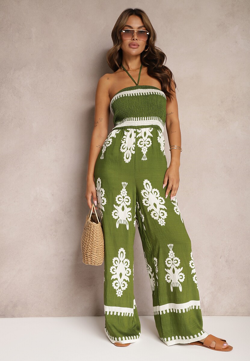 Zielony Taliowany Kombinezon z Wiskozy Ozdobiony Geometrycznym Motywem Perceria