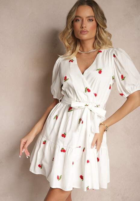 Biała Sukienka z Bawełny w Wisienki z Gumką w Talii Axona