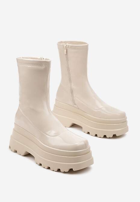 Beżowe Botki Lakierowane na Platformie Neniefra