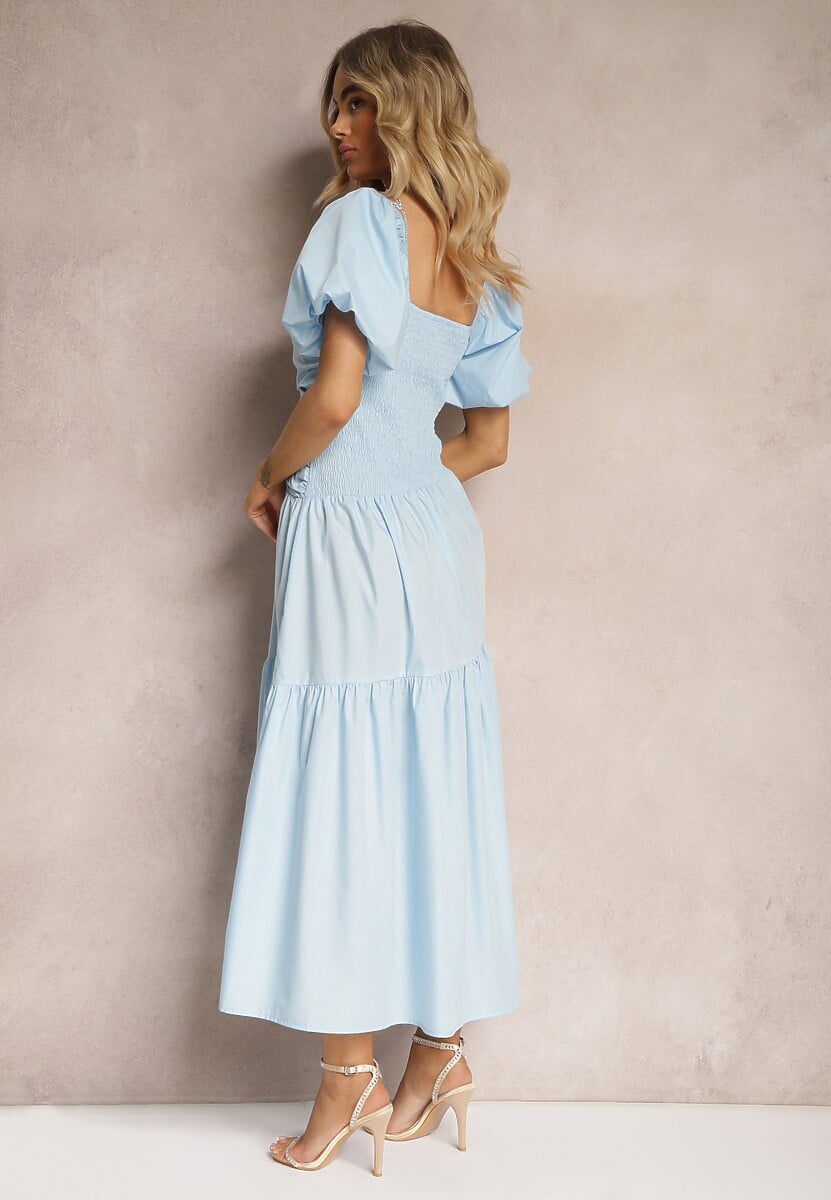 Niebieska Sukienka z Marszczeniem i Wiskozą Ozdobiona Bufiastymi Rękawami i Falbanką Monvia