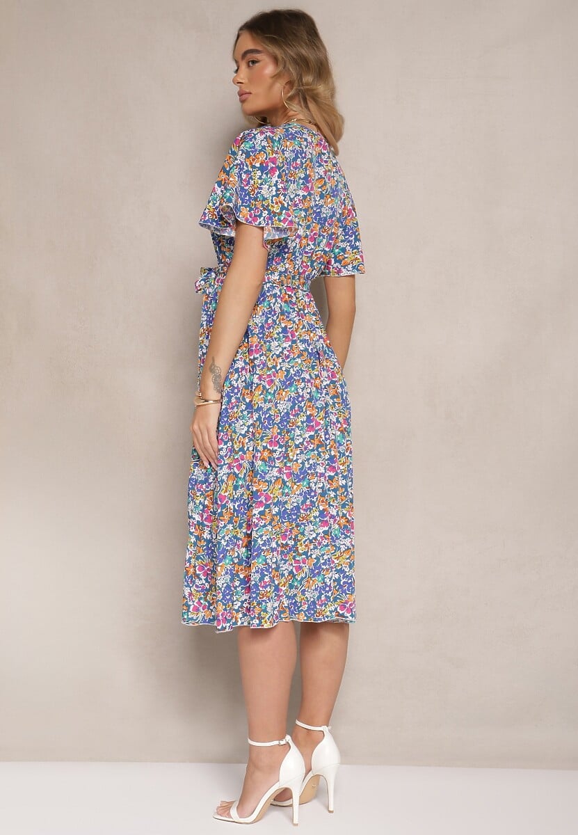 Niebieska Sukienka z Plisami w Kwiecisty Print o Rozkloszowanym Kroju Lanelin