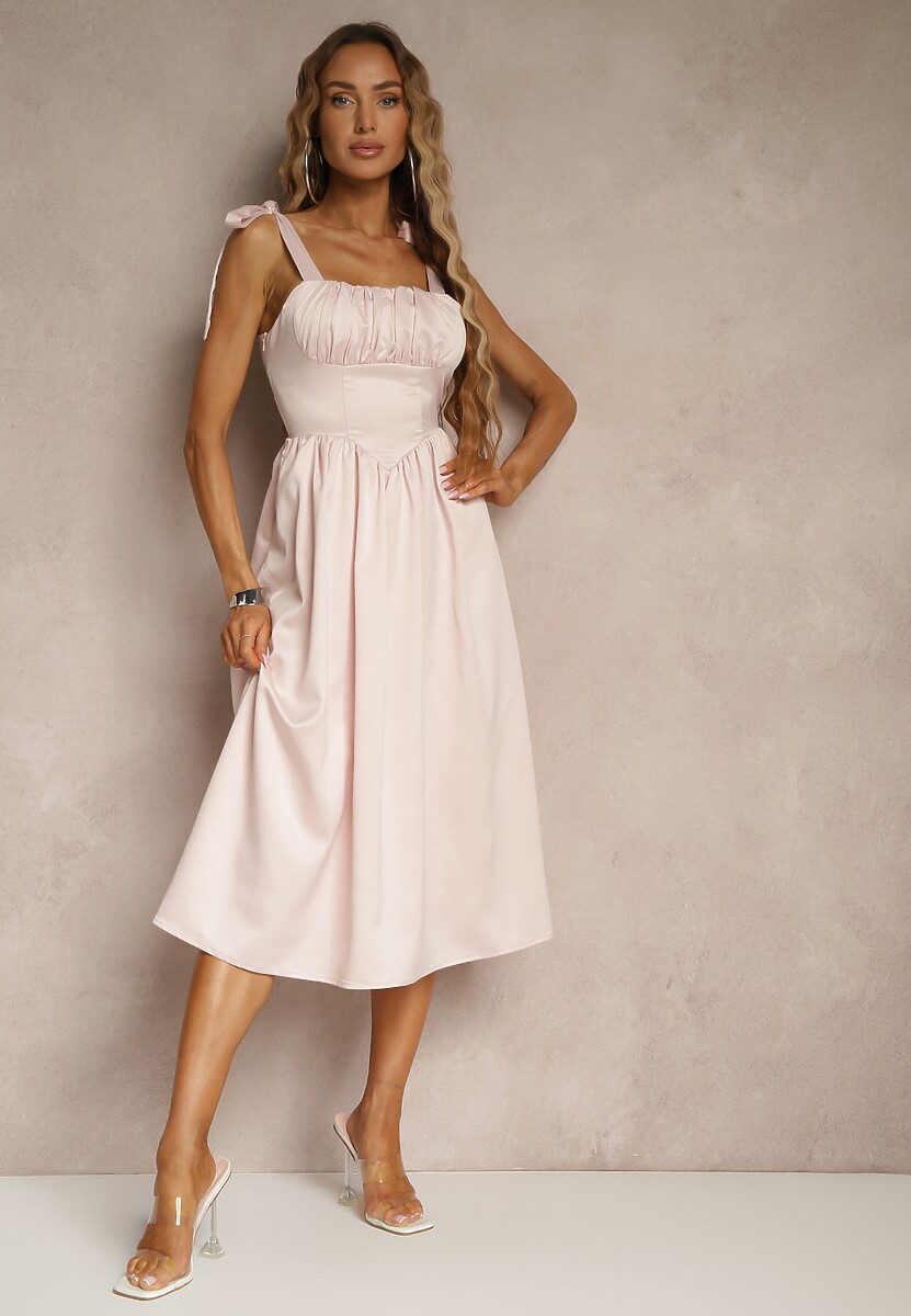 Różowa Sukienka Vices o Rozkloszowanym Kroju z Wiązanymi Ramiączkami Natirise