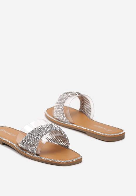 Srebrne Klapki z Otwartym Noskiem Ozdobione Cyrkoniami Ramilde