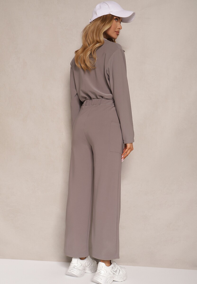 Szary Kombinezon z Elastyczną Gumką w Pasie z Dodatkowym Wiązaniem o Luźnym Kroju Creera